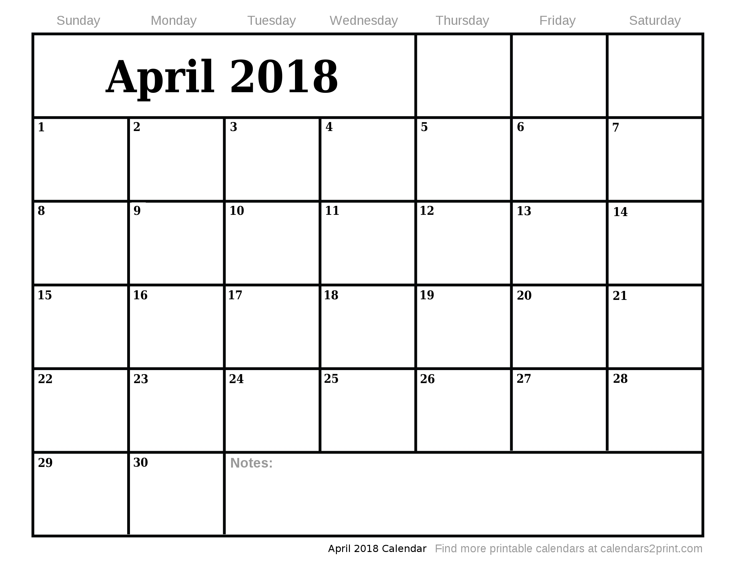 Apr 2018 Calendar Template Printable