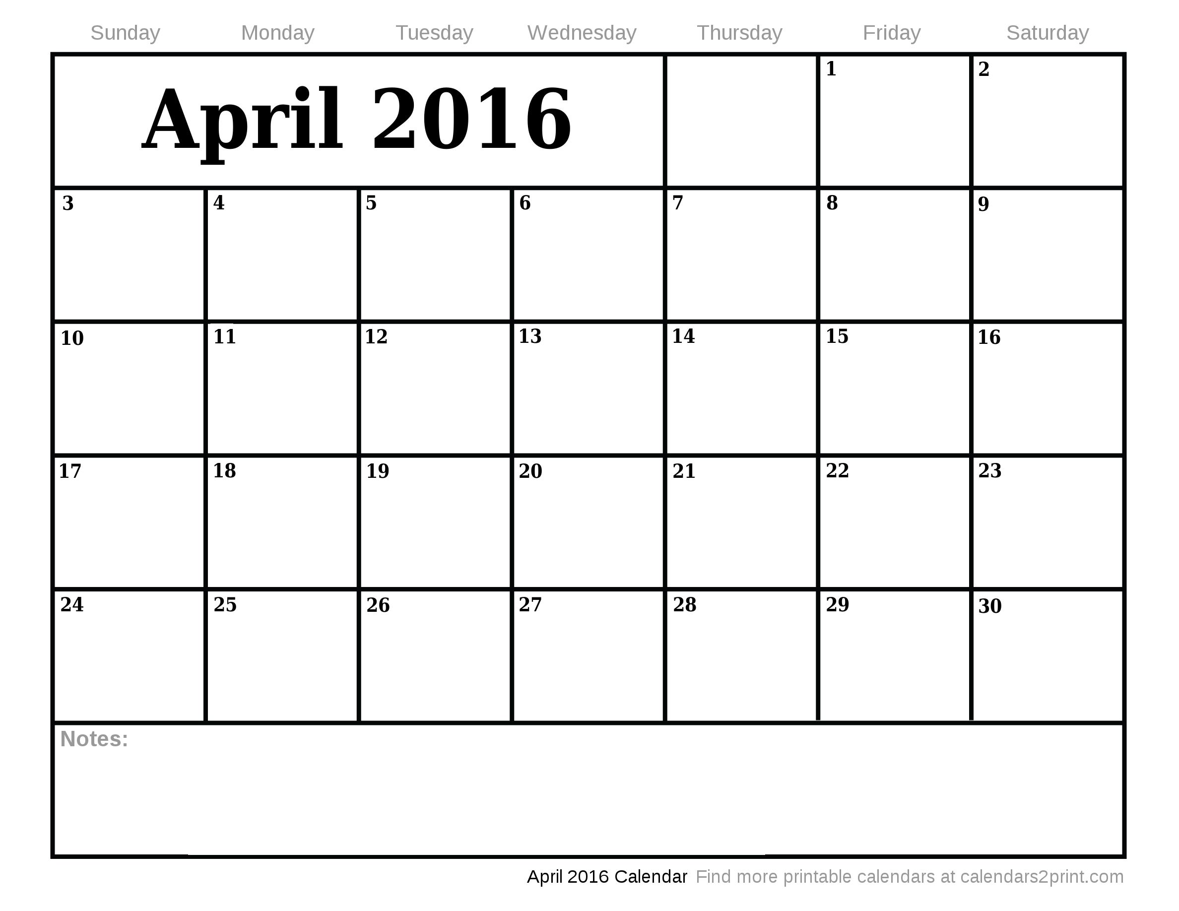 Apr 2016 Printable Calendar