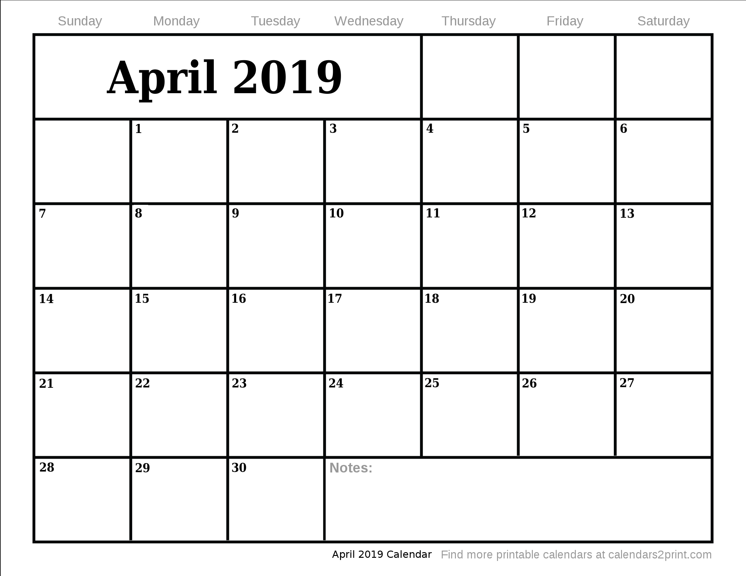Apr 2019 Printable Calendar