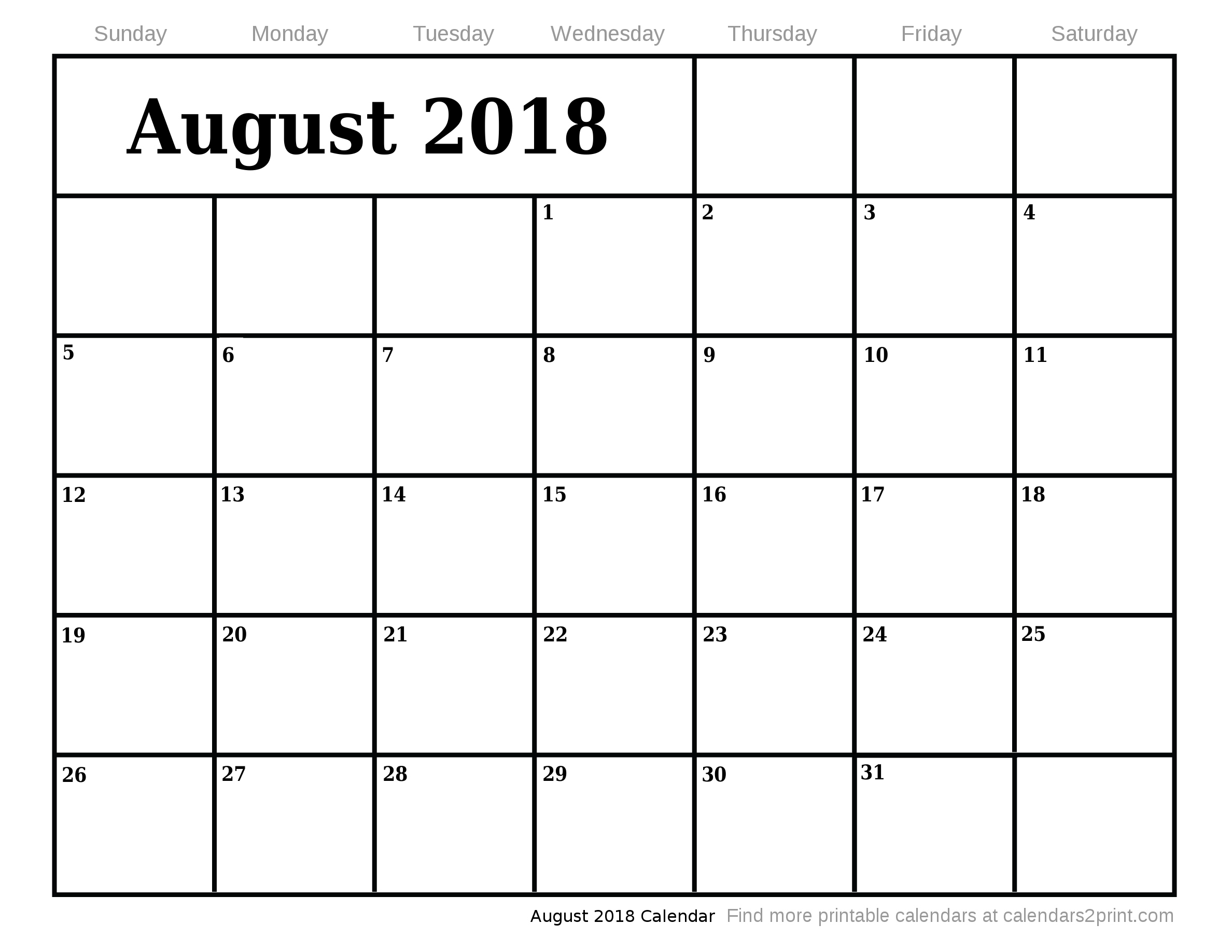 Aug 2018 Printable Calendar