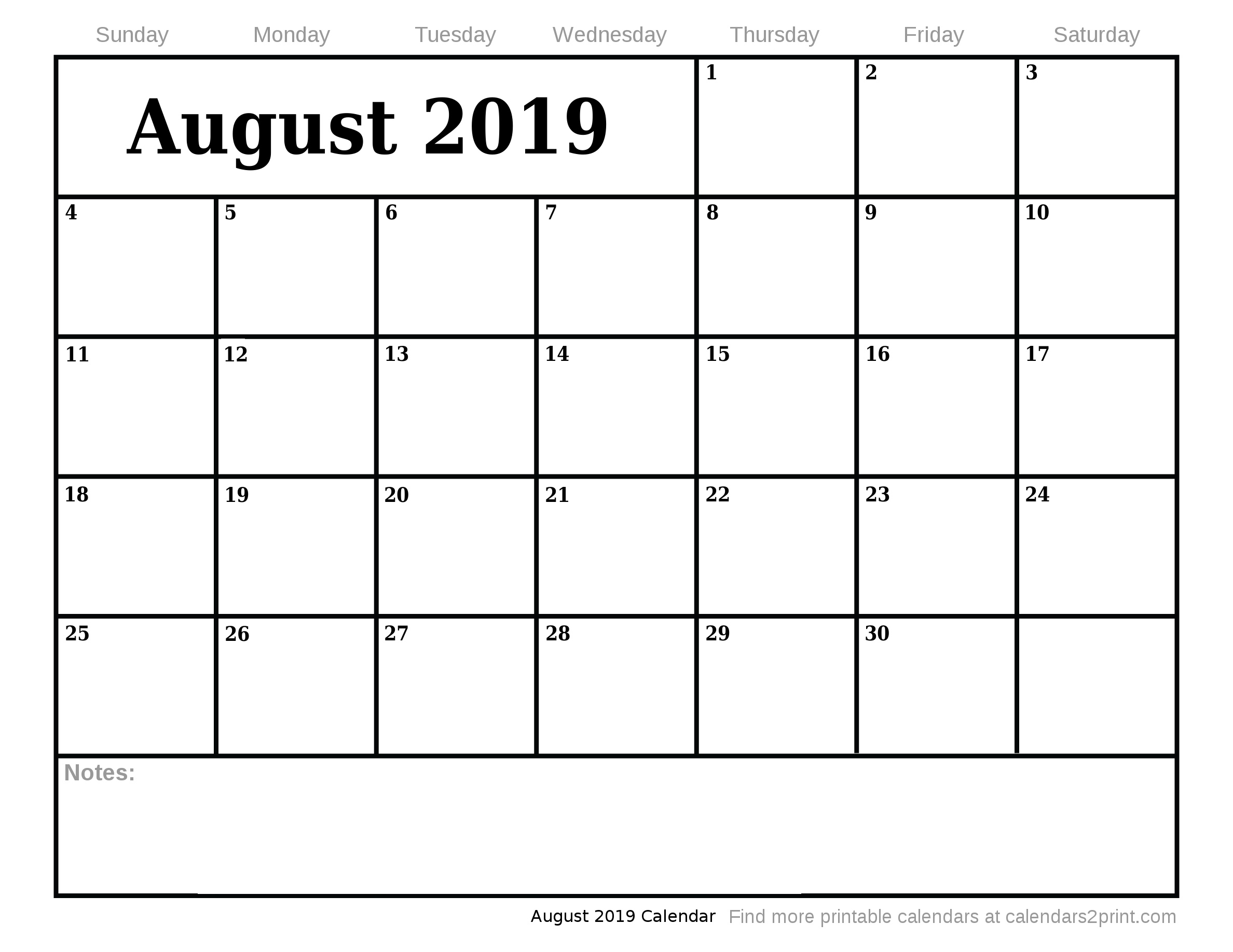 Aug 2019 Printable Calendar