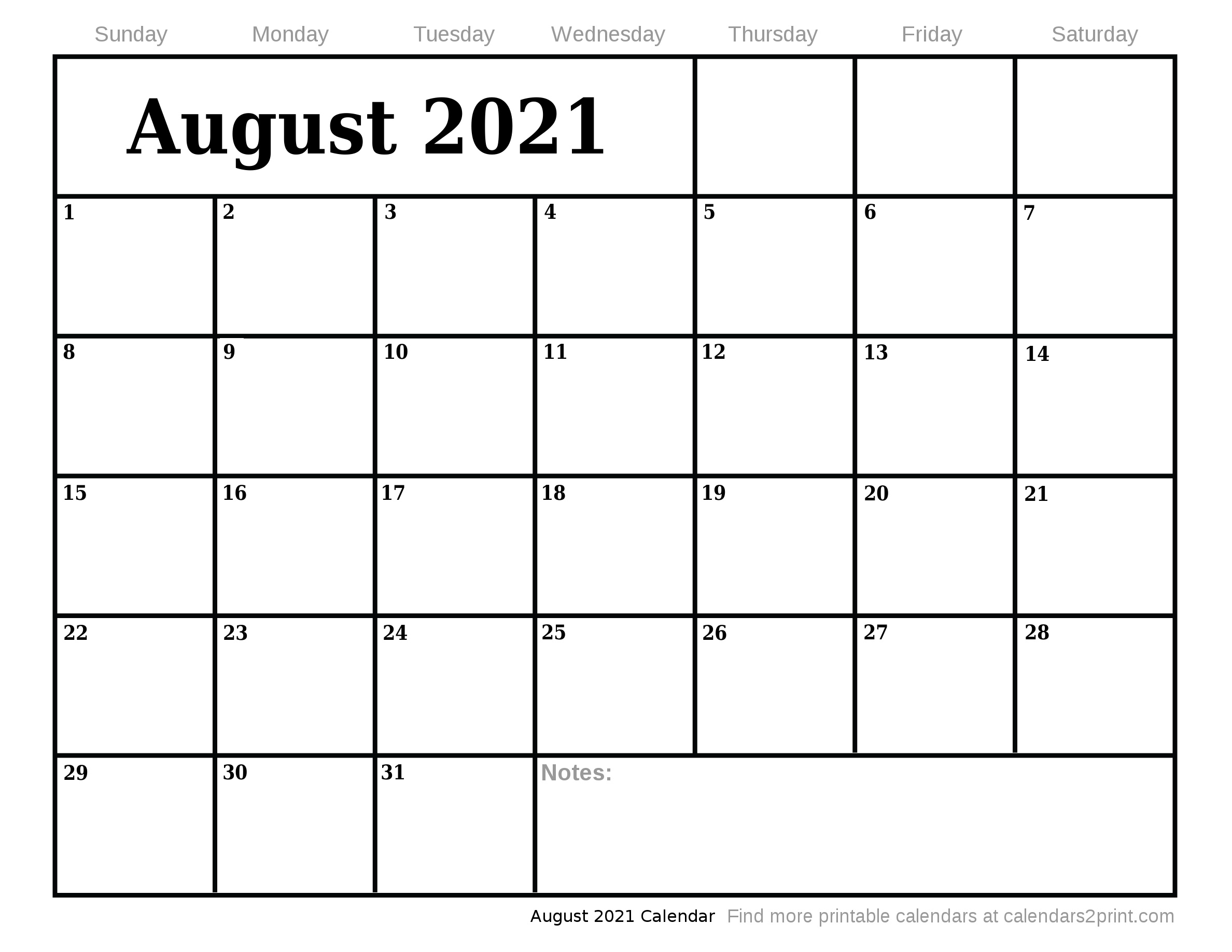 Aug 2021 Printable Calendar