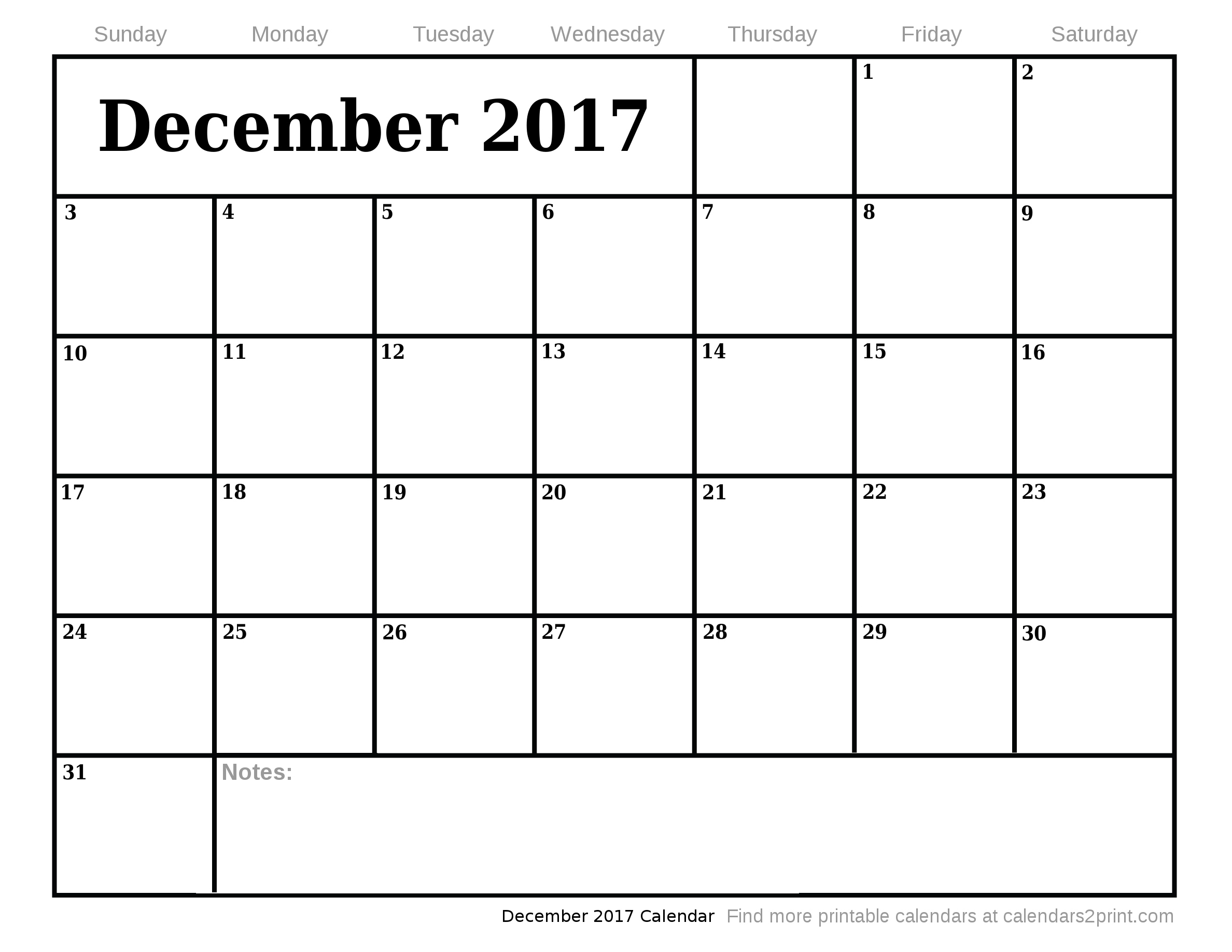 Dec 2017 Printable Calendar