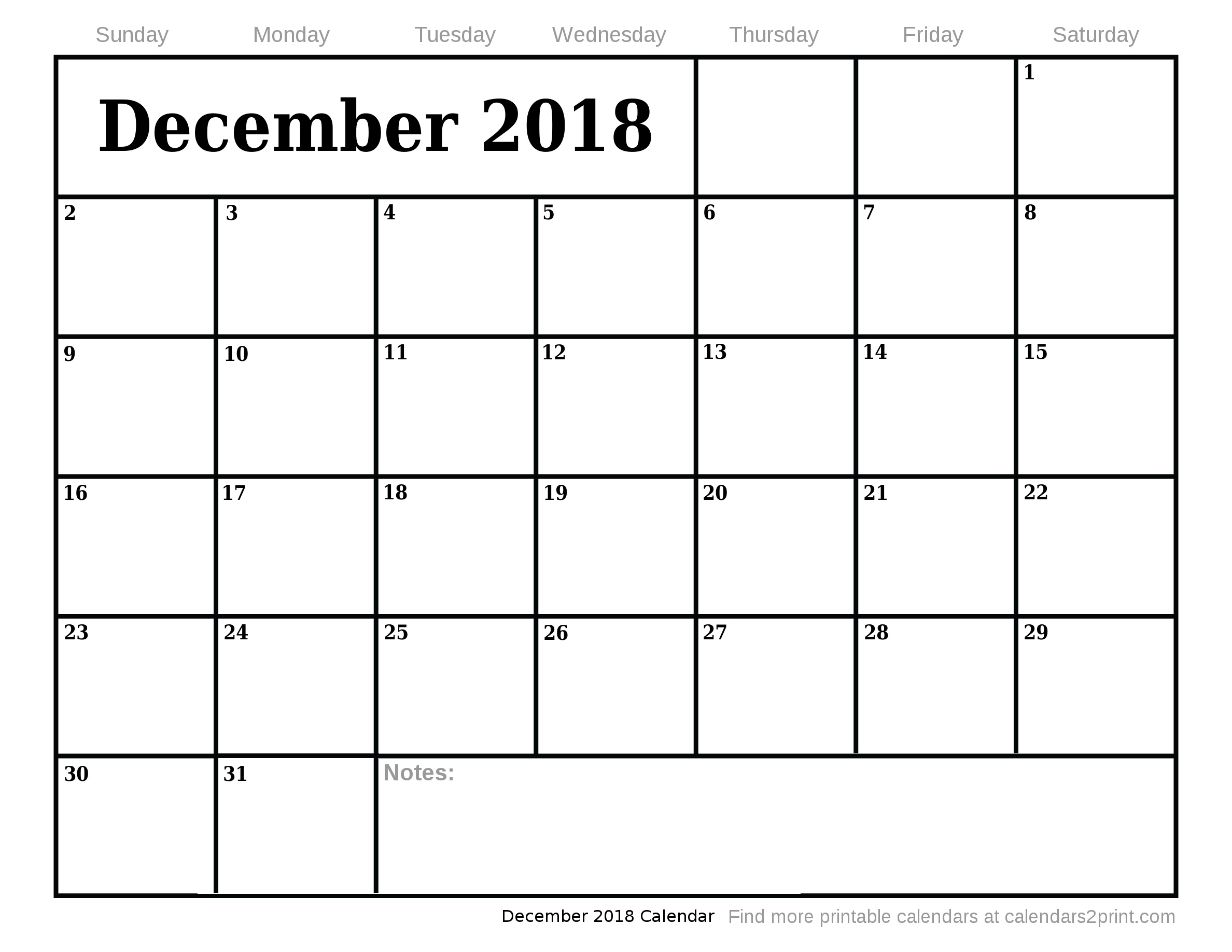 Dec 2018 Printable Calendar