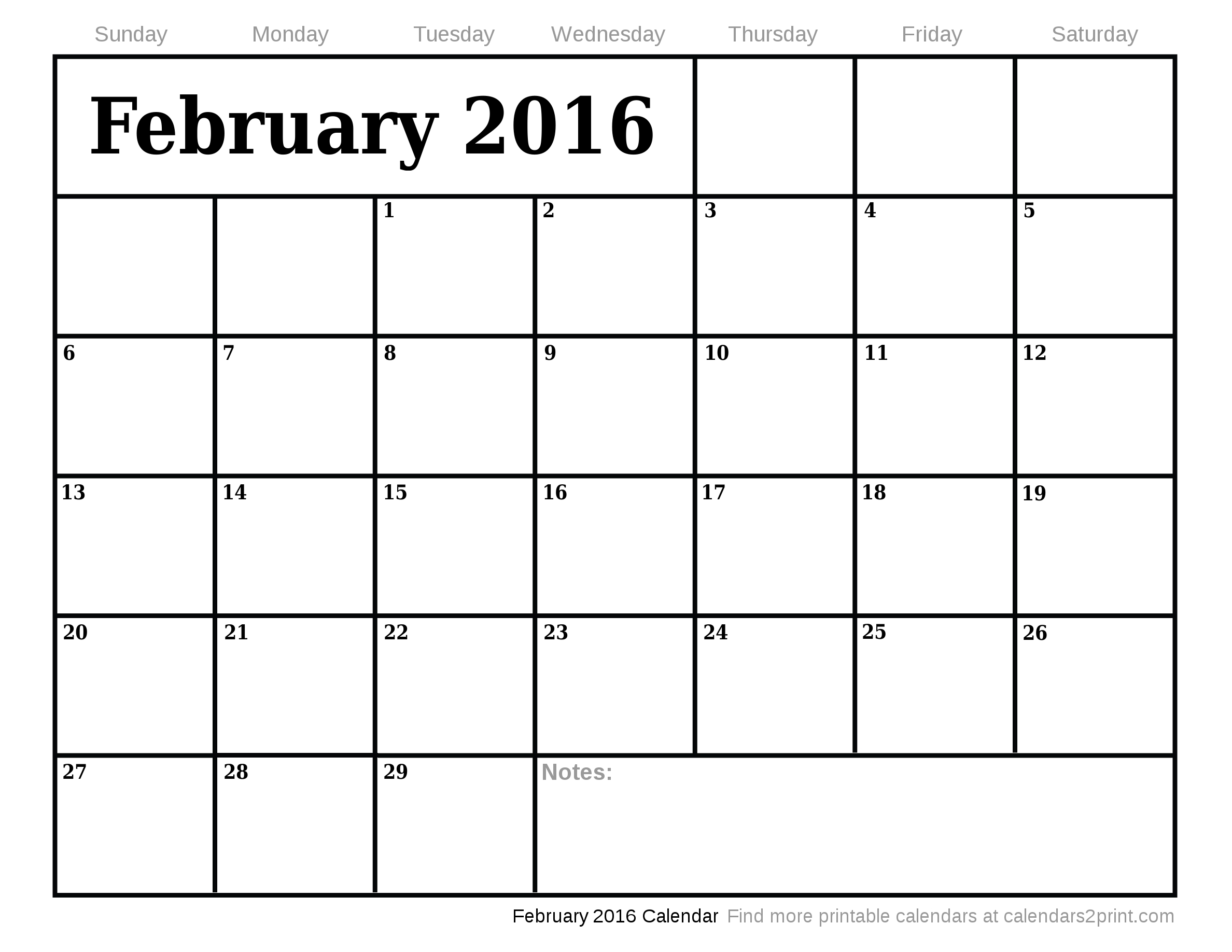 Feb 2016 Printable Calendar