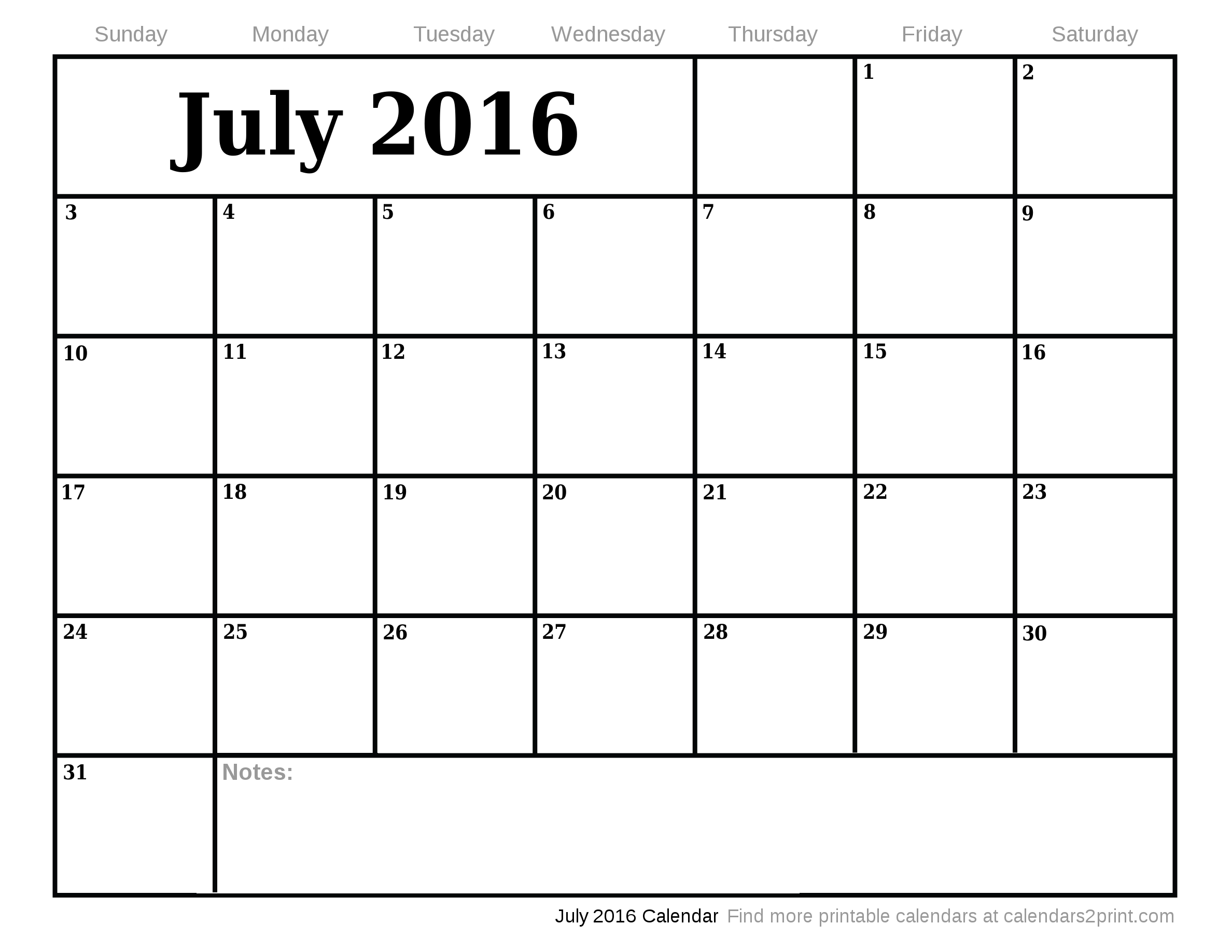 Jul 2016 Printable Calendar