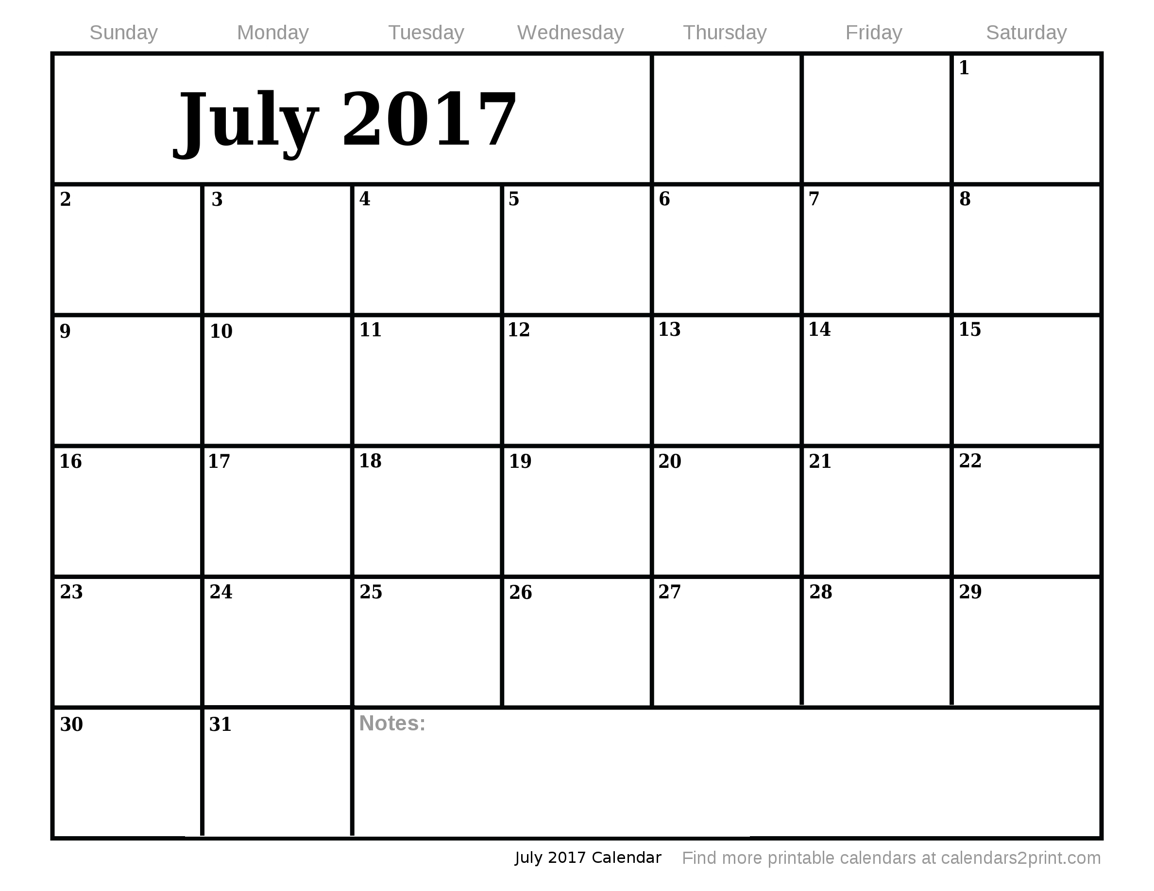 Jul 2017 Printable Calendar