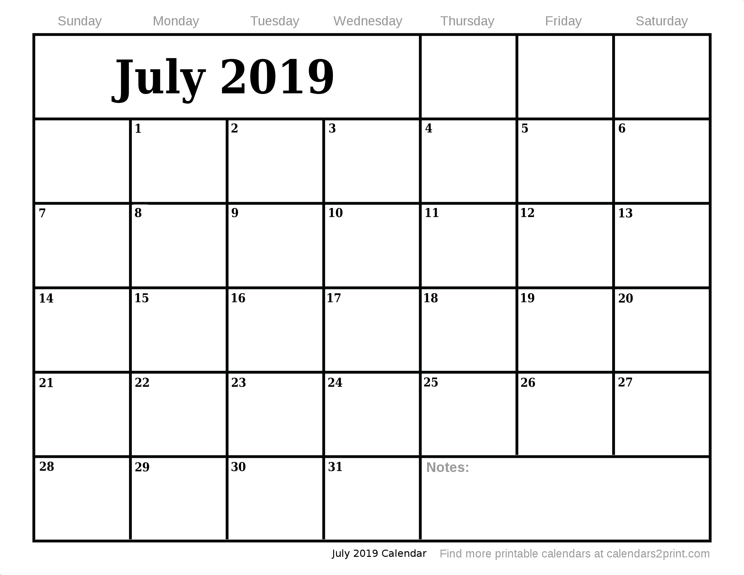 Jul 2019 Printable Calendar