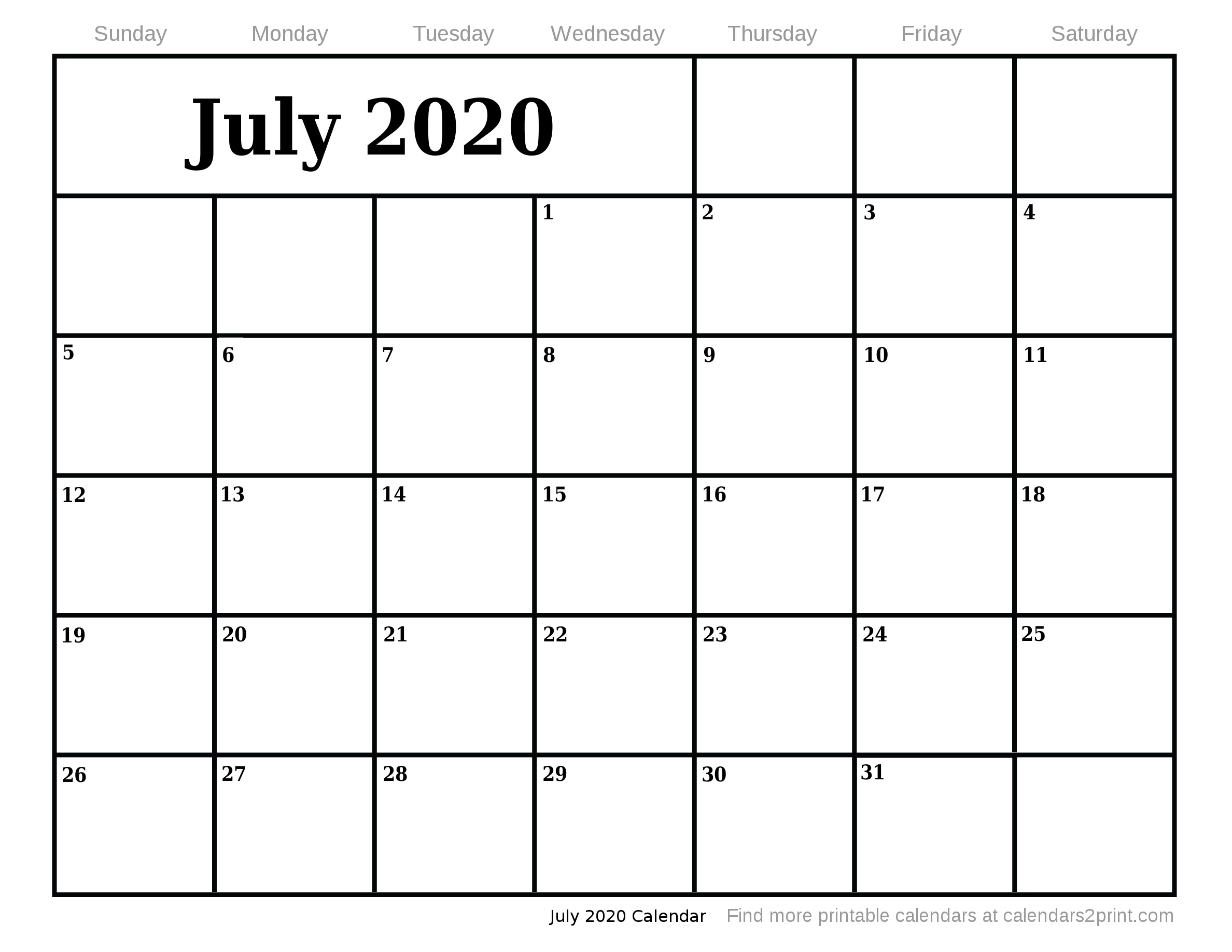 Jul 2020 Printable Calendar