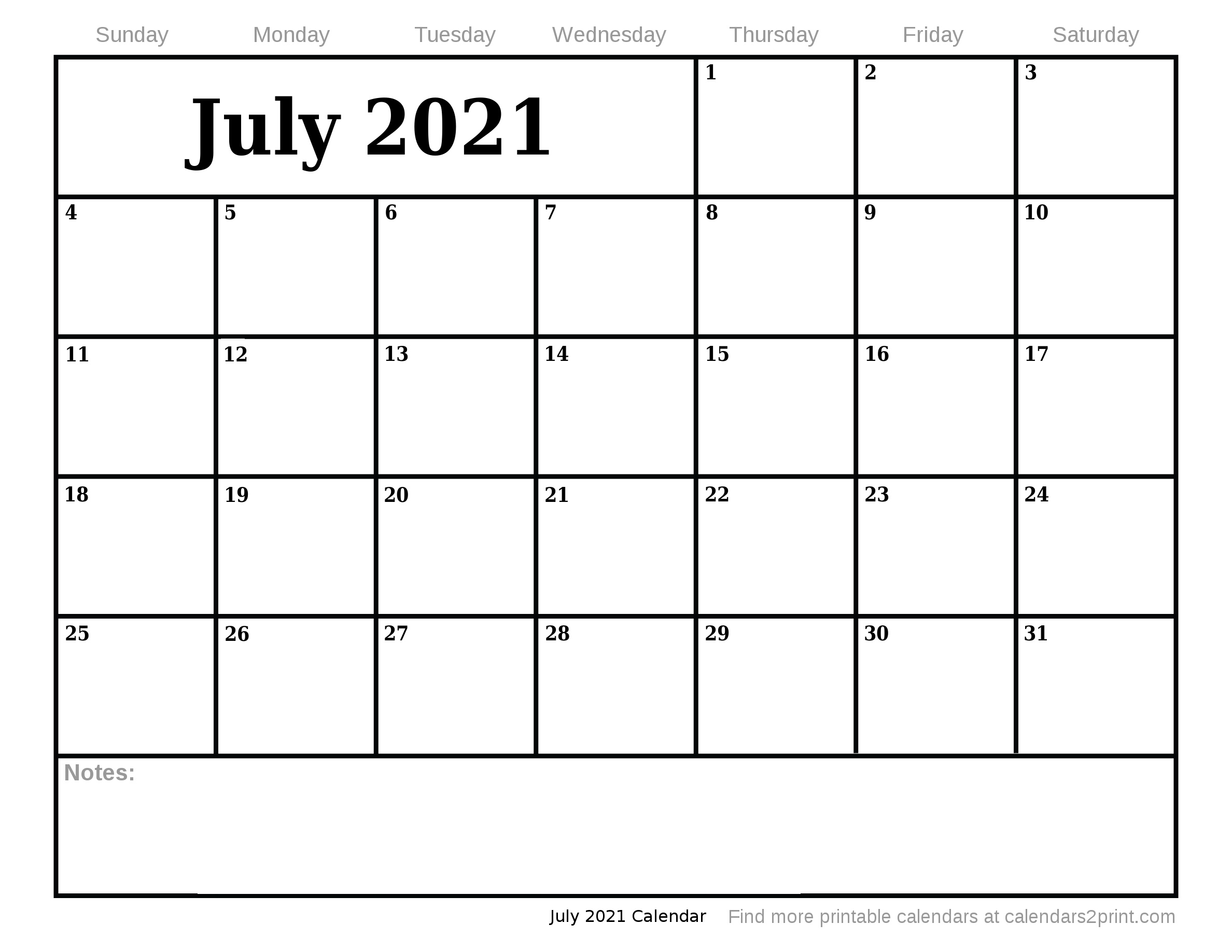 Jul 2021 Printable Calendar