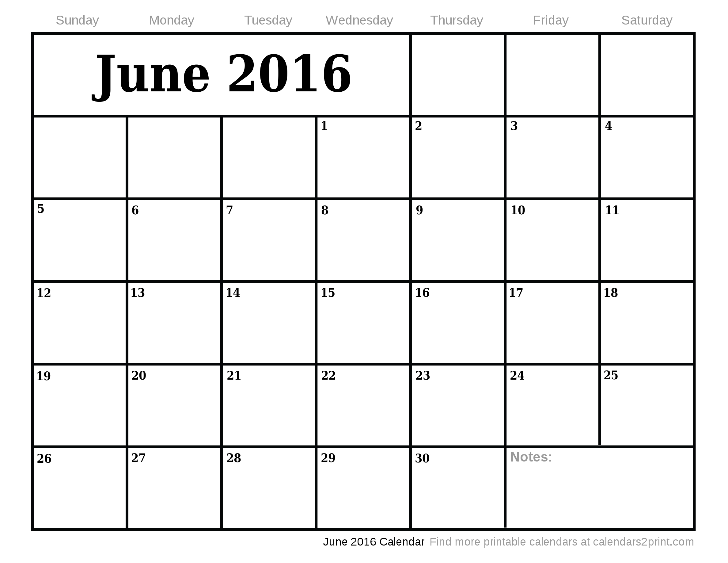Jun 2016 Printable Calendar