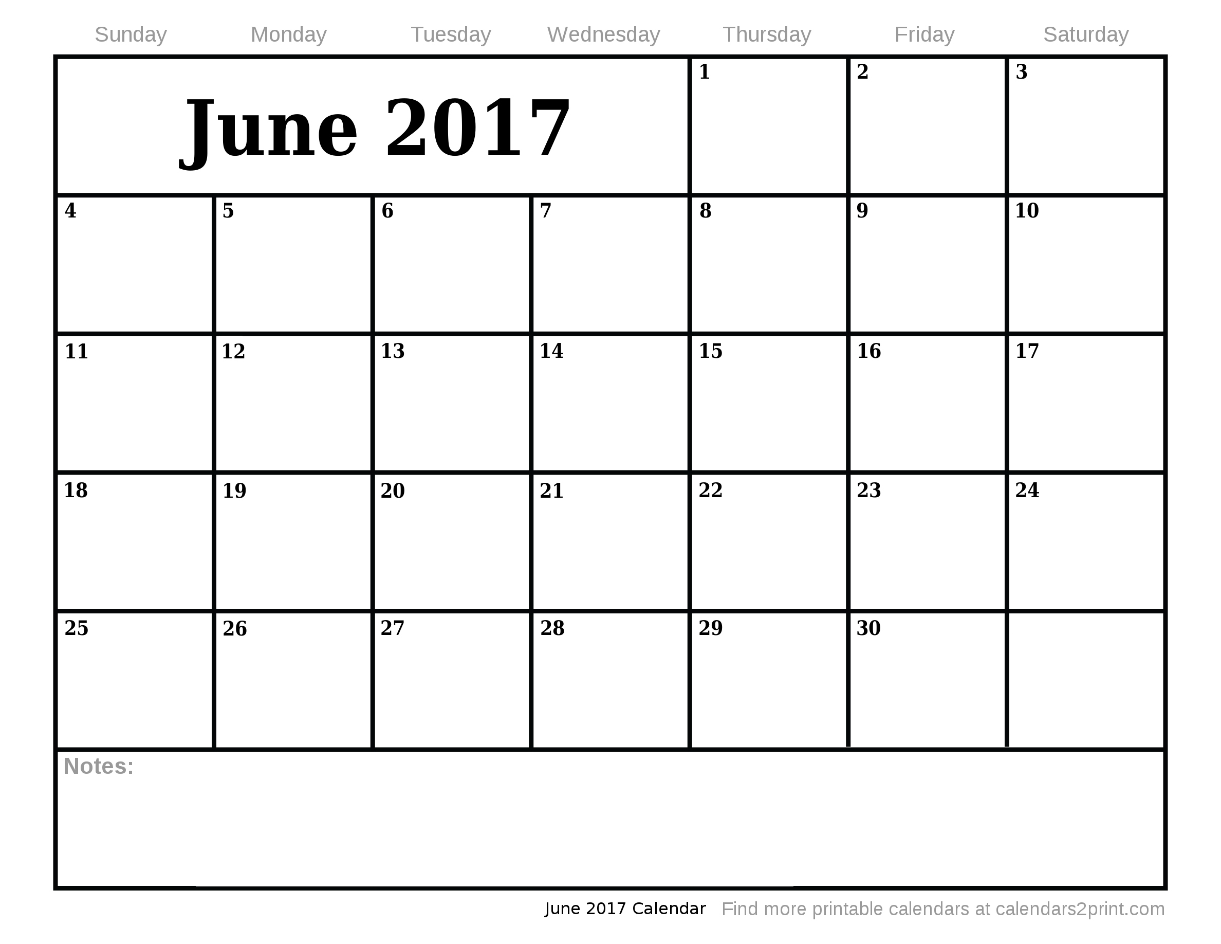 Jun 2017 Printable Calendar