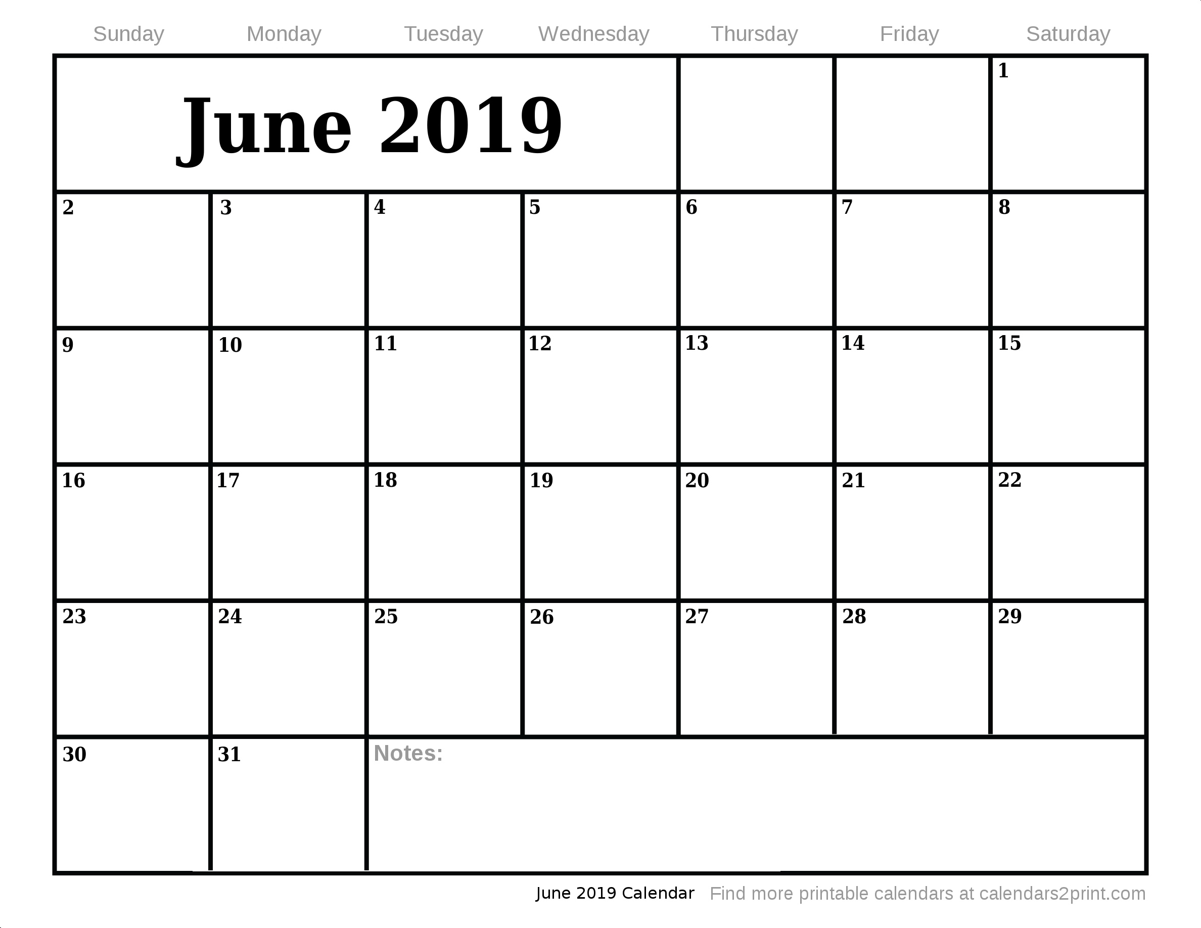 Jun 2019 Printable Calendar