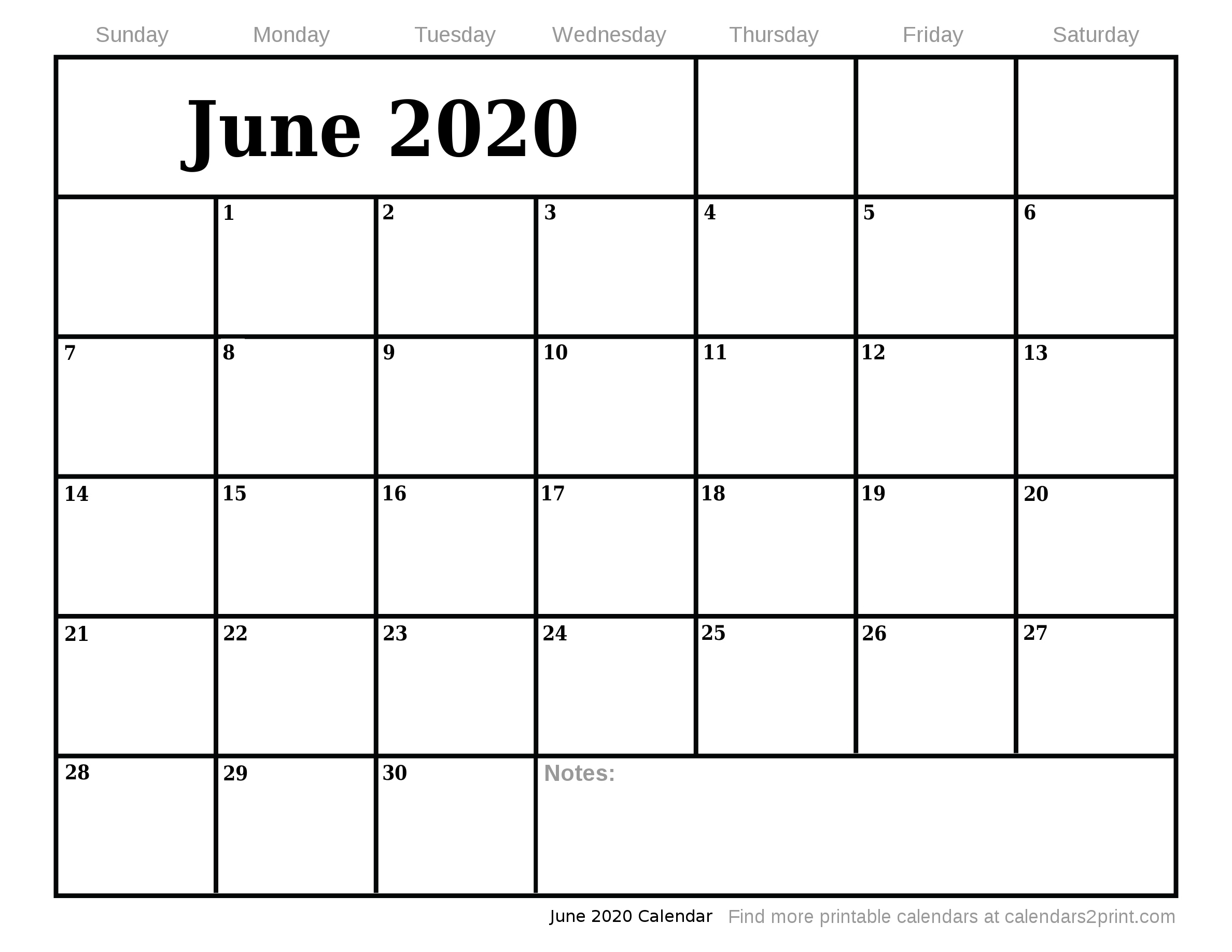 Jun 2020 Printable Calendar