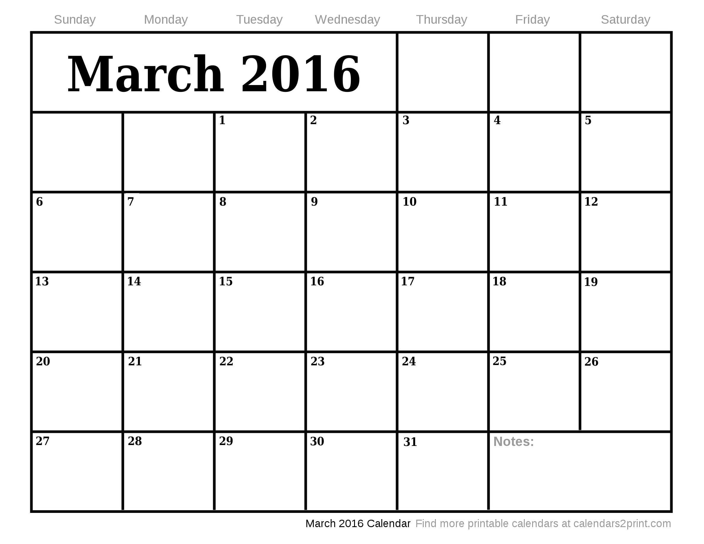 Mar 2016 Printable Calendar