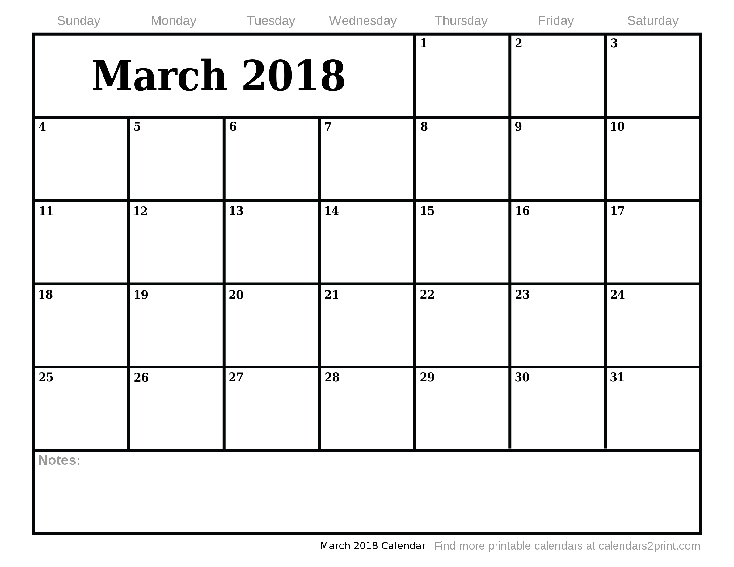 Mar 2018 Printable Calendar