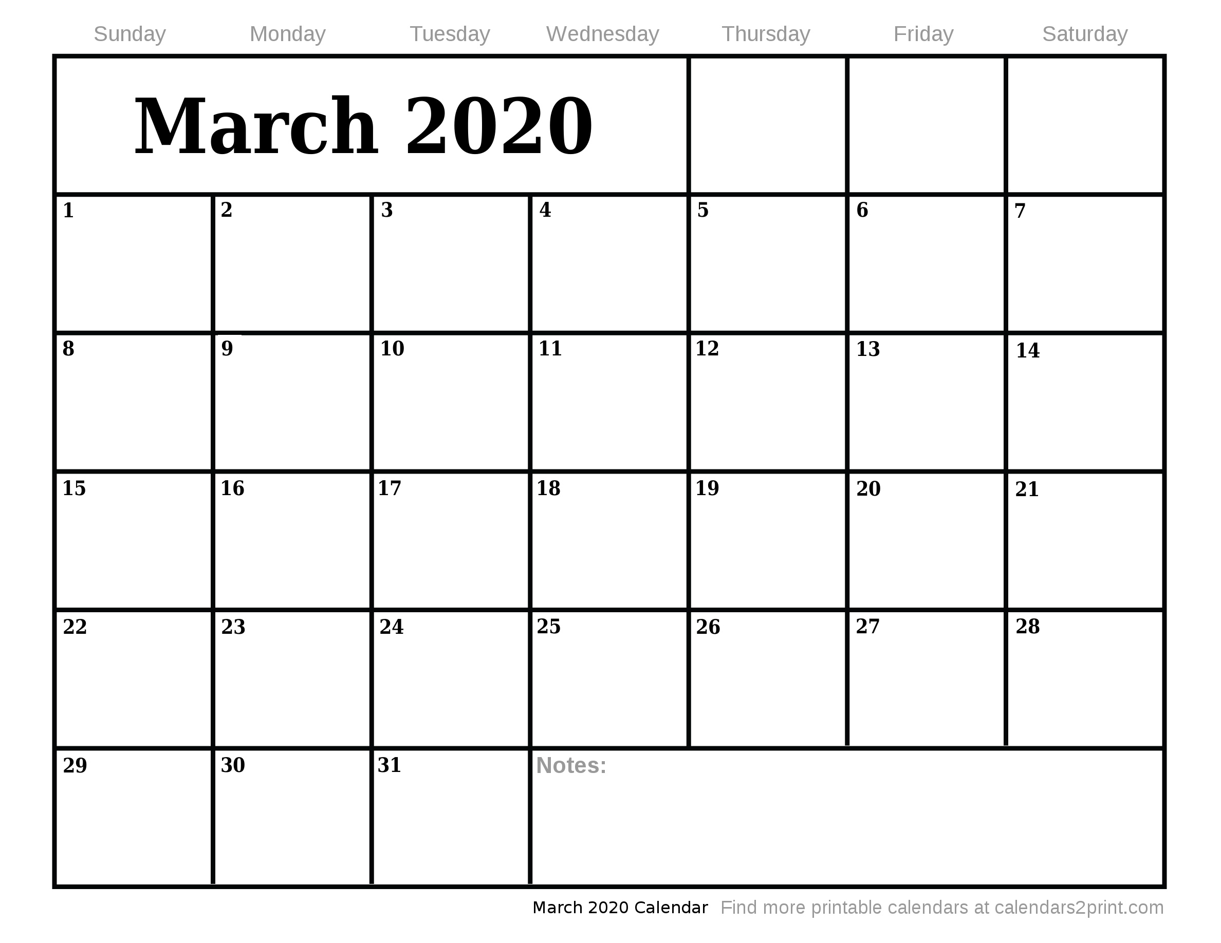 Mar 2020 Printable Calendar