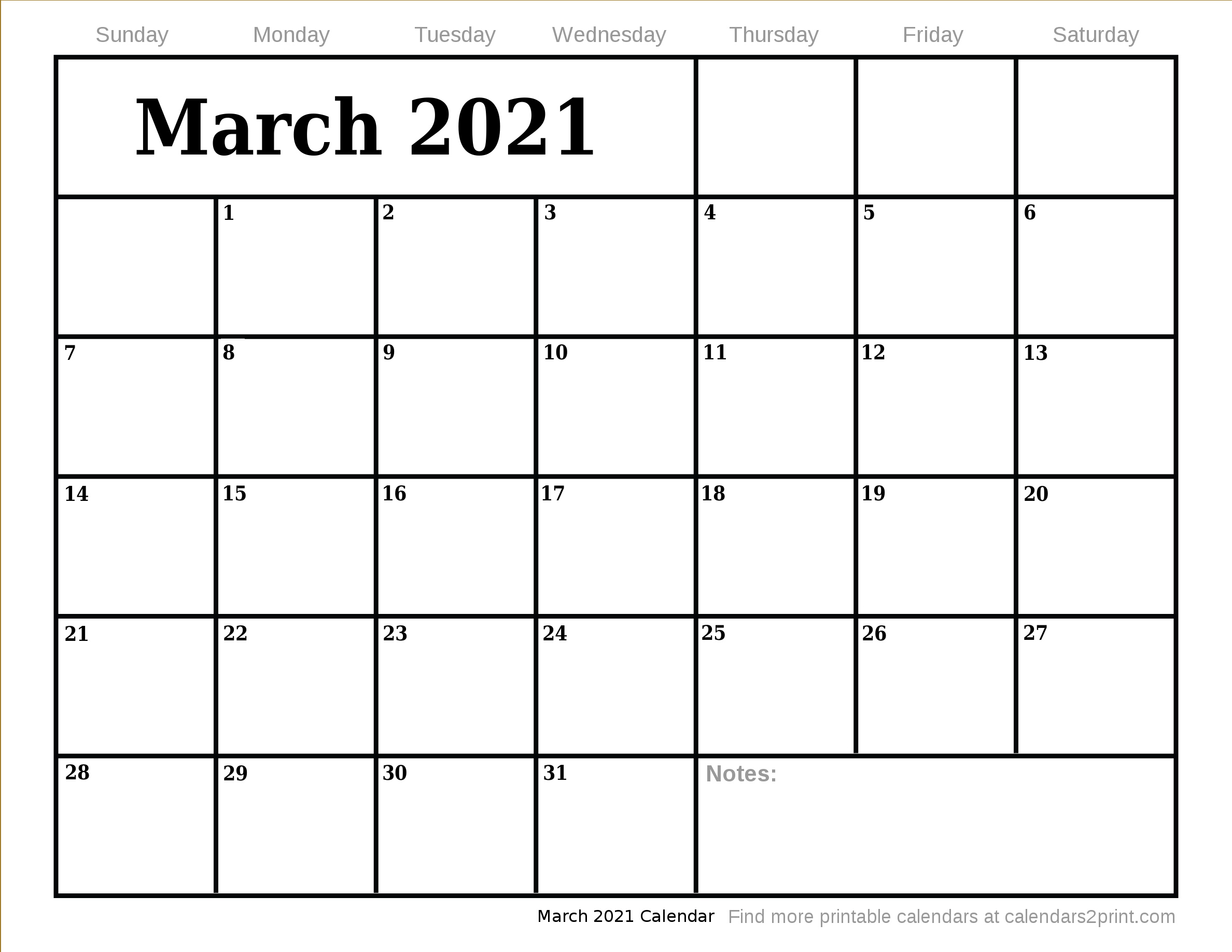 Mar 2021 Printable Calendar