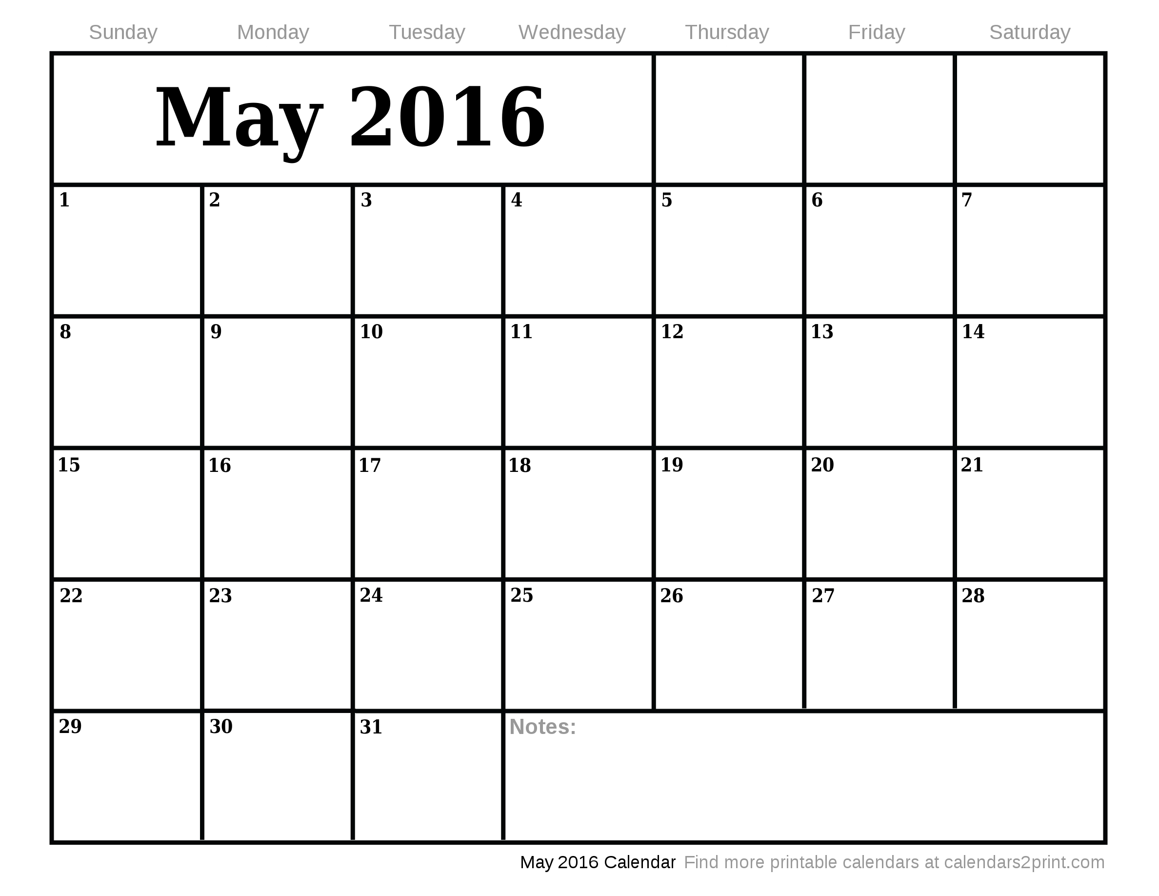 May 2016 Printable Calendar