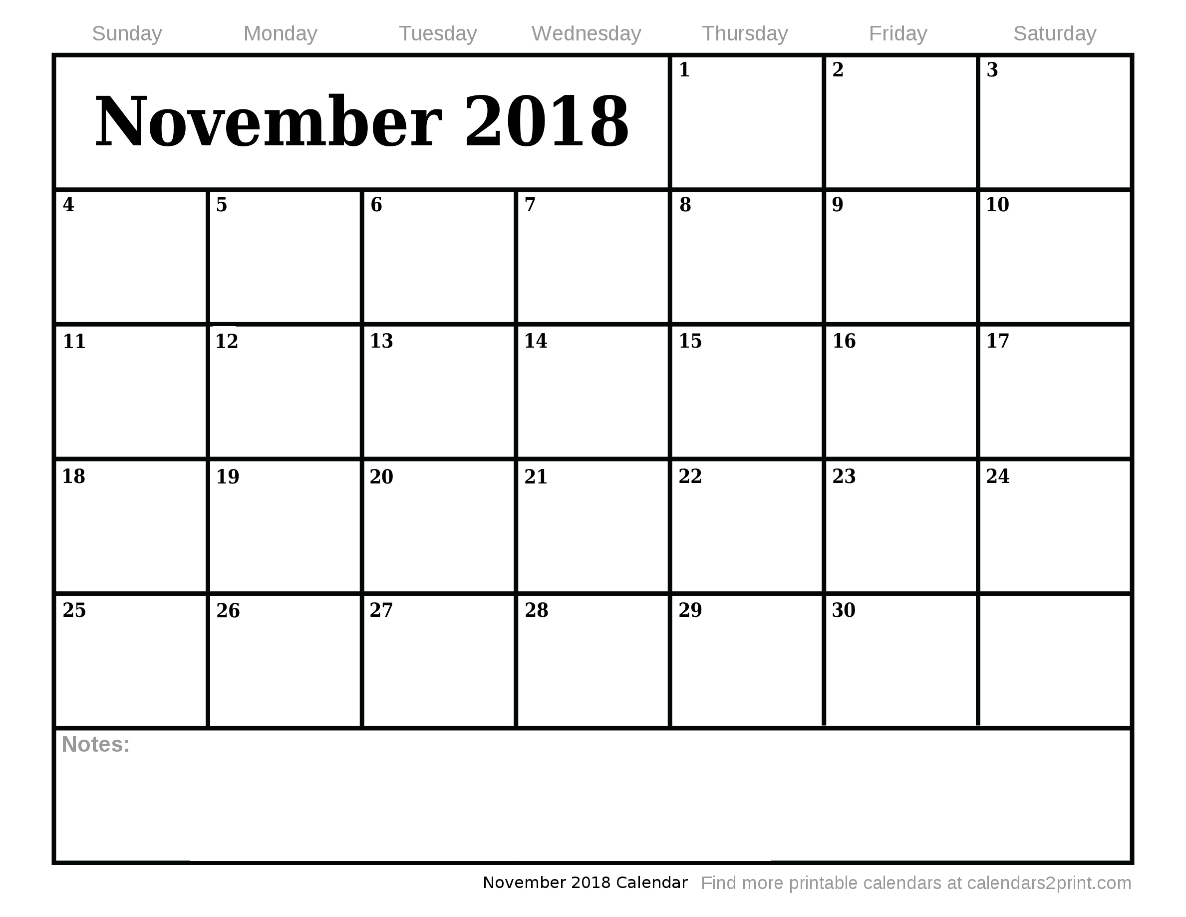 Nov 2018 Printable Calendar