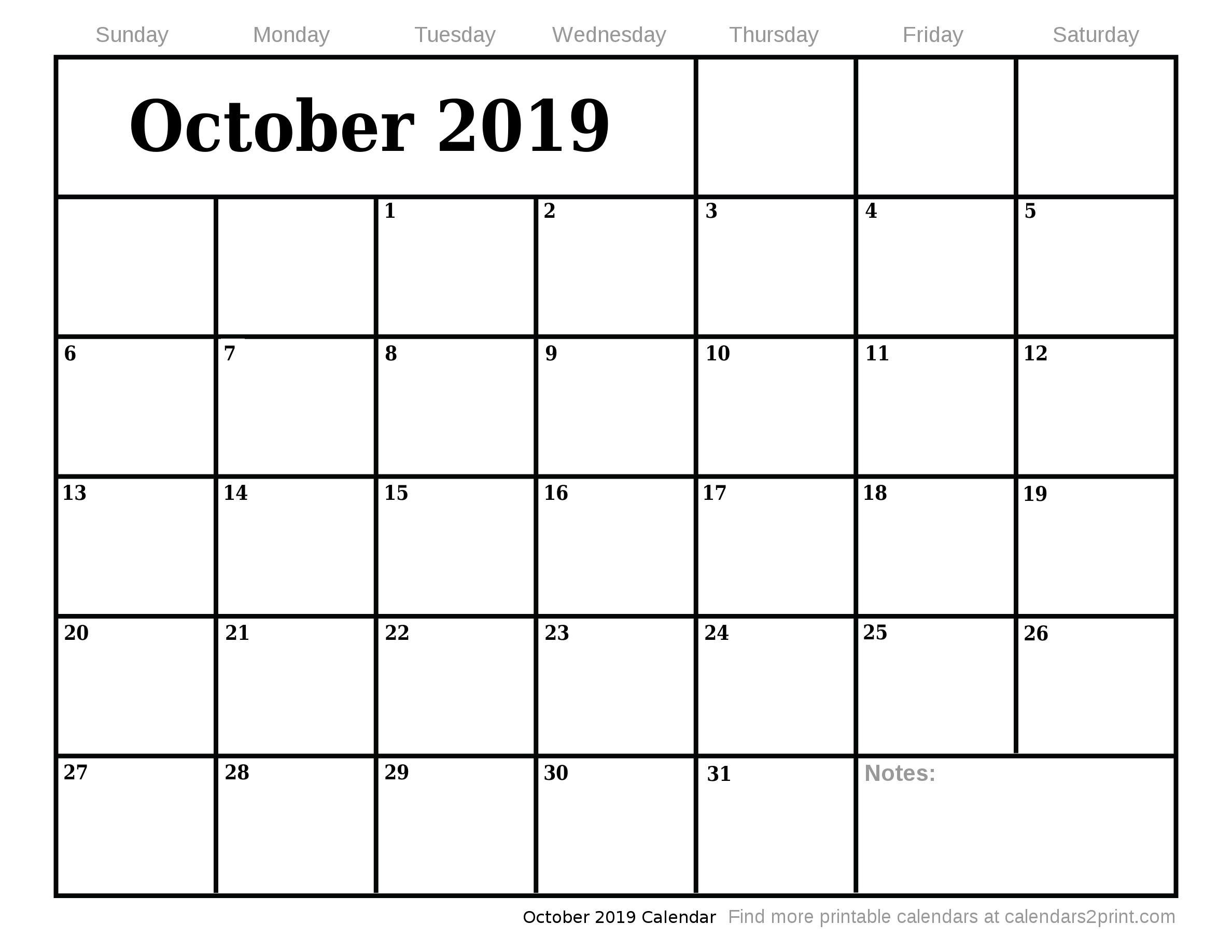 Oct 2019 Printable Calendar