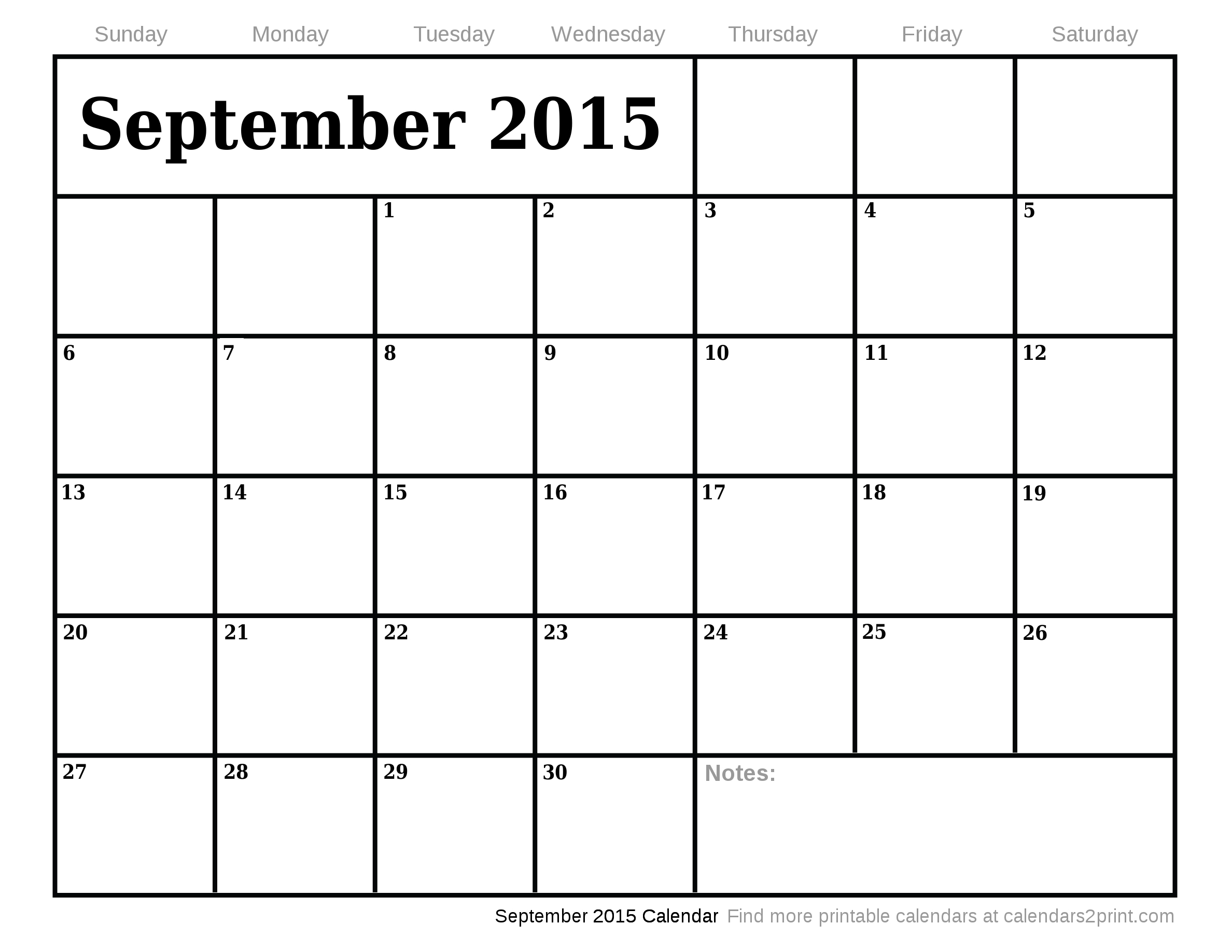Sep 2015 Printable Calendar