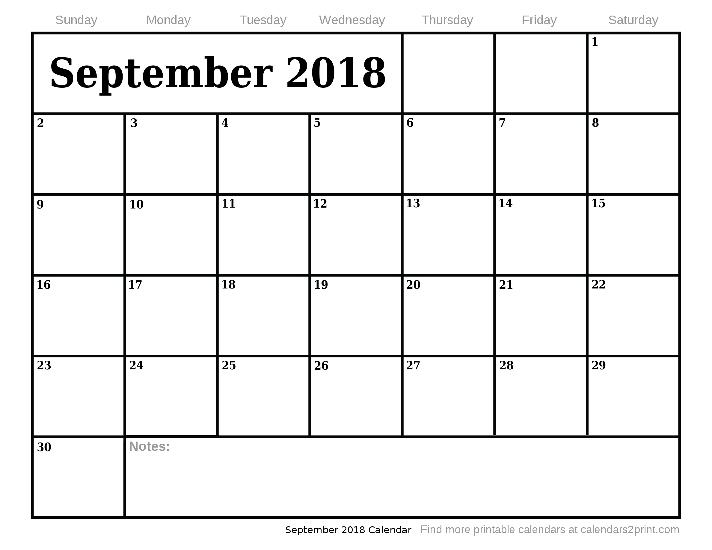 Sep 2018 Printable Calendar